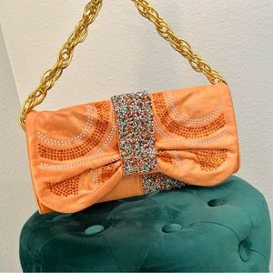 Orange Metallic Gems Chain Clutch Purse